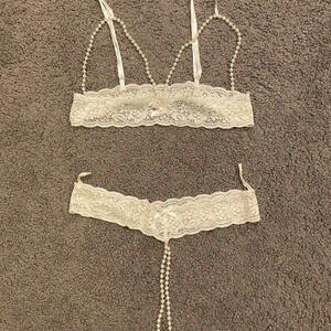 Vintage Pearl and White Lace Bra Panties Thong UW Intimates Set Bride Wedding